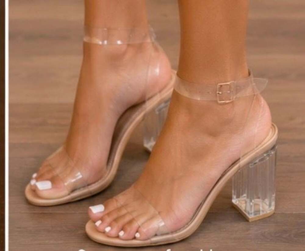 Fashion Nova Clear Heeled Sandals, Beige Patent Leather, Size 11M